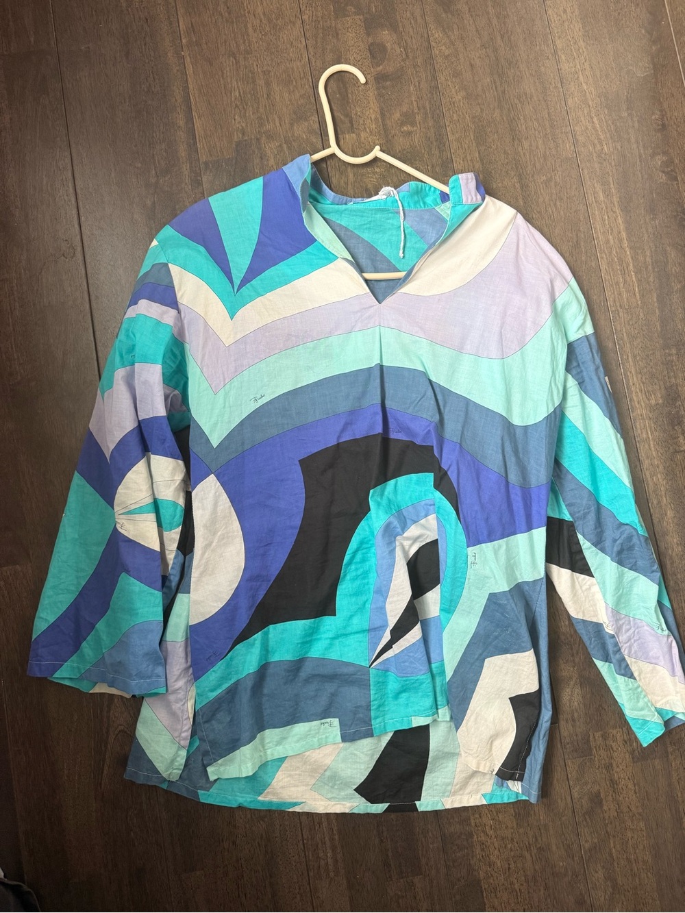 Emilio Pucci Multicolor Wave-Print Cotton Top — Teal, Blue, Black, White